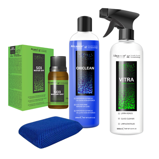 ALCANCE – KIT DESCONTAMINACION Y SELLADOR DE VIDRIOS – VITRA + OXICLEAN + SIO3 + ESPONJA REMOVEDORA
