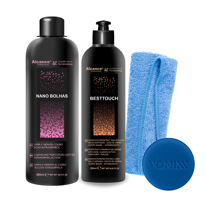 ALCANCE – KIT RESTAURADOR DE CUEROS – NANO BOLHAS + BESTTOUCH + MICROFIBRA