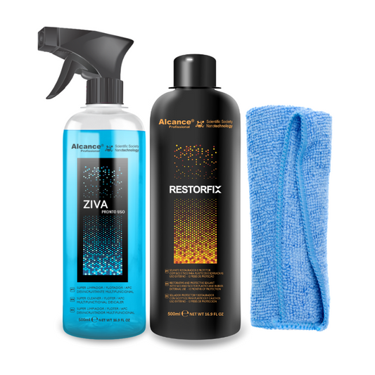 KIT RESTAURADOR DE PLASTICOS EXTERIORES – ZIVA + RESTORFIX + MICROFIBRA + ESPONJA