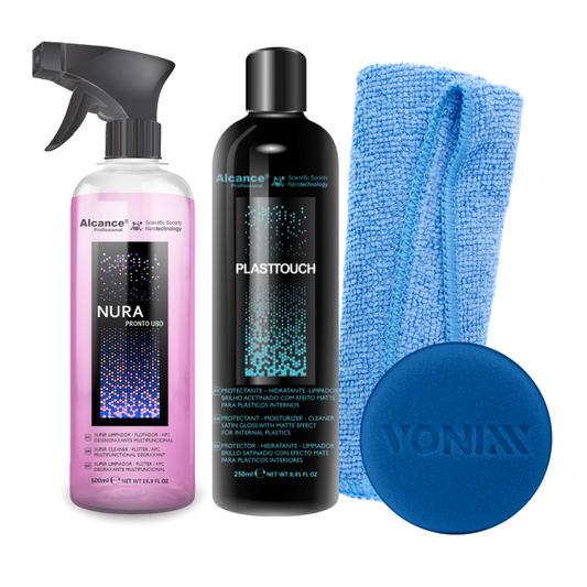 ALCANCE – KIT LIMPIEZA Y RENOVADOR DE PLASTICOS – NURA + PLASTTOUCH + MICROFIBRA + APLICADOR DE ESPUMA
