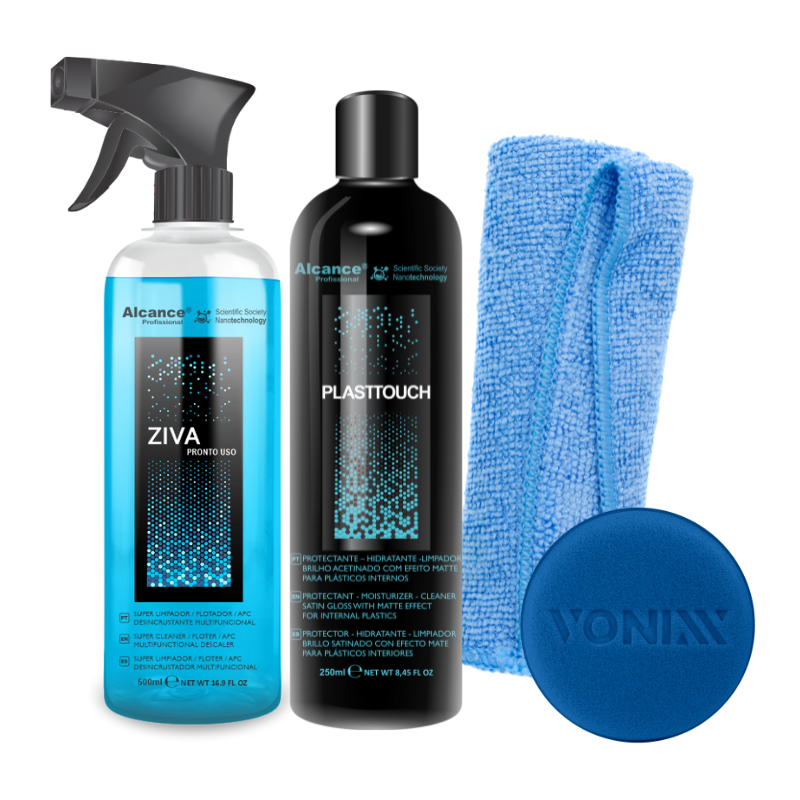 ALCANCE – KIT LIMPIEZA Y RENOVADOR DE PLASTICOS – ZIVA + PLASTTOUCH + MICROFIBRA + APLICADOR DE ESPUMA