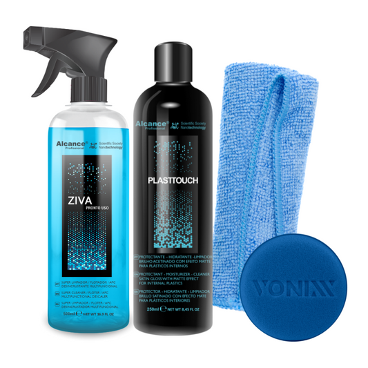ALCANCE – KIT LIMPIEZA Y RENOVADOR DE PLASTICOS – ZIVA + PLASTTOUCH + MICROFIBRA + APLICADOR DE ESPUMA